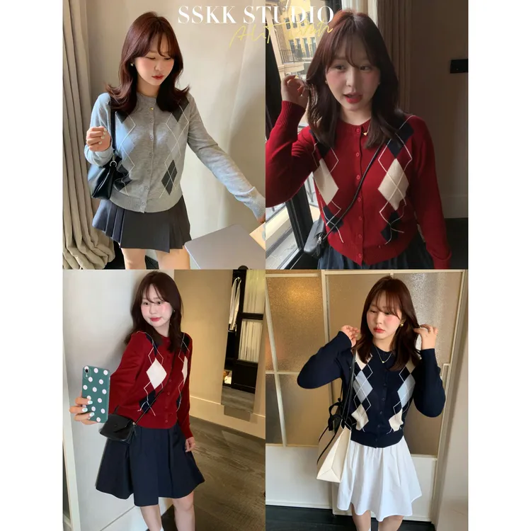 KMZY/KMZY山_山【初秋bi备】微胖韩系早秋拼色菱格学院风格子上衣女