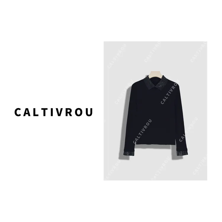  时髦领口烫钻百搭气质针织衫-Y20133