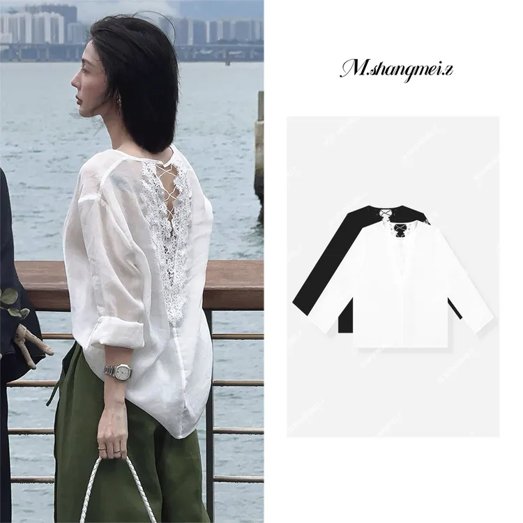 M.SHANGMEI.Z/沐熙【背影杀手】美大哥法式露背拼蕾丝上衣X052545