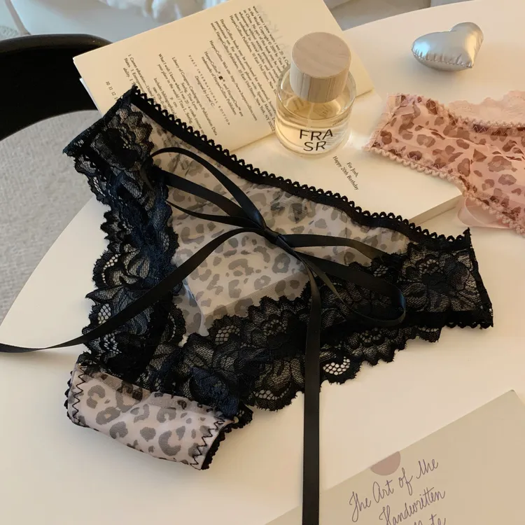 10A抗菌档性感系带蕾丝豹纹内裤女士低腰纯欲绑带镂空三角裤女生