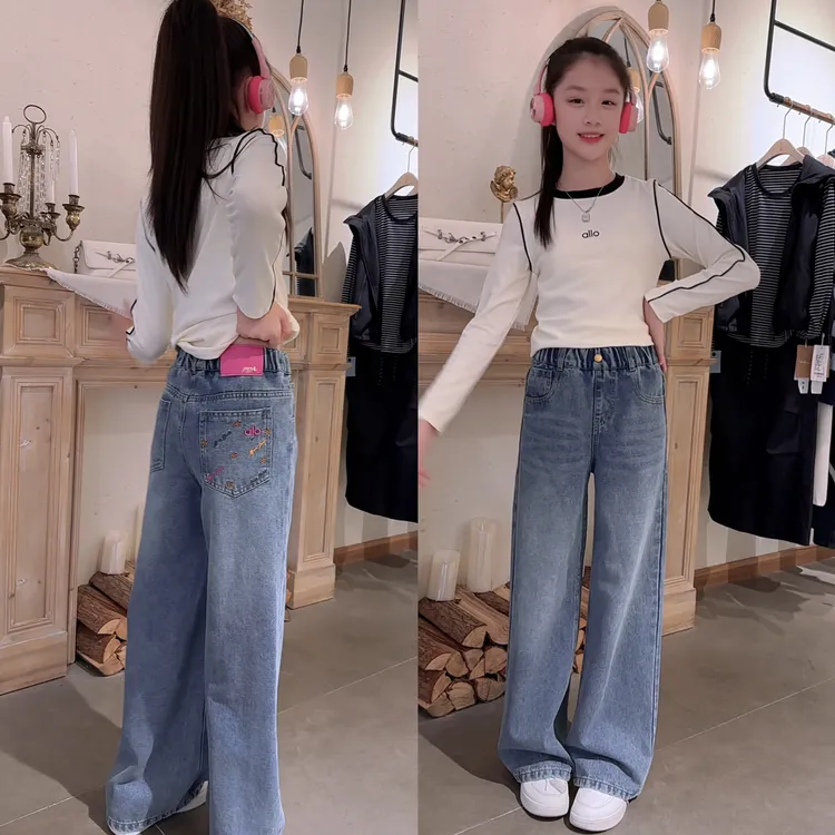 童装春秋季牛仔裤长裤女童装高腰秋冬时尚牛仔阔腿裤中大童显瘦