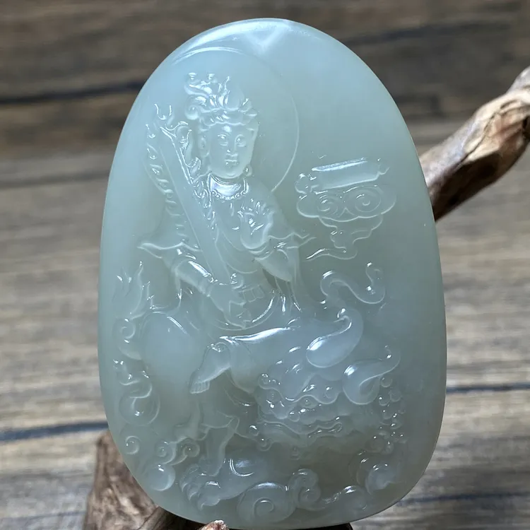 和田白玉《文殊菩萨》吊坠尺寸：61/42.5/16mm