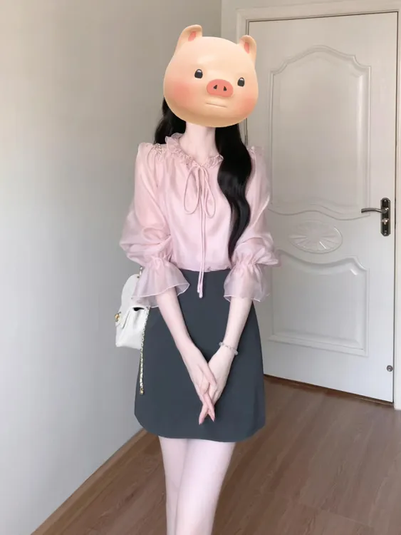 法式气质高级感轻职风一整套系带粉色长袖衬衫灰色半身裙两件套女