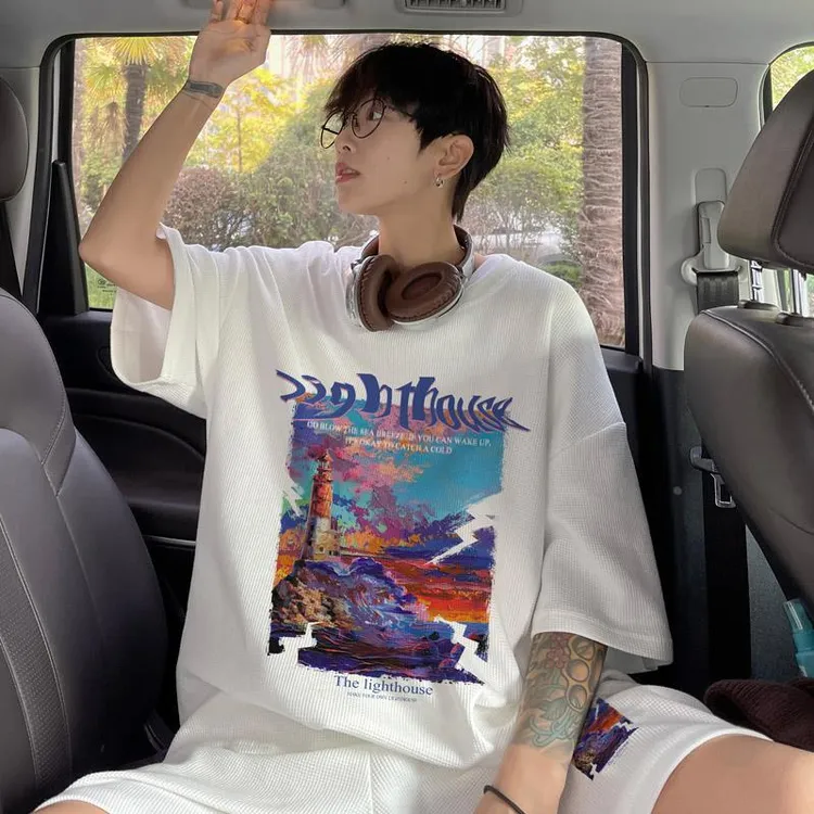 夏季套装男印花华夫格短袖潮牌运动短裤高级感薄款青少年两件套