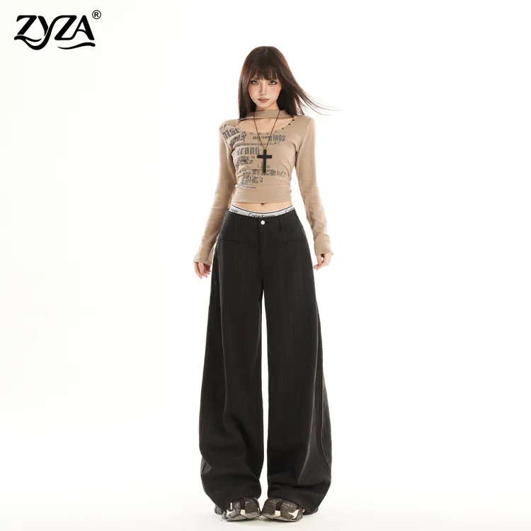ZYZA深灰色复古条纹直筒牛仔裤女冬季新款老钱风松弛感宽松阔腿裤