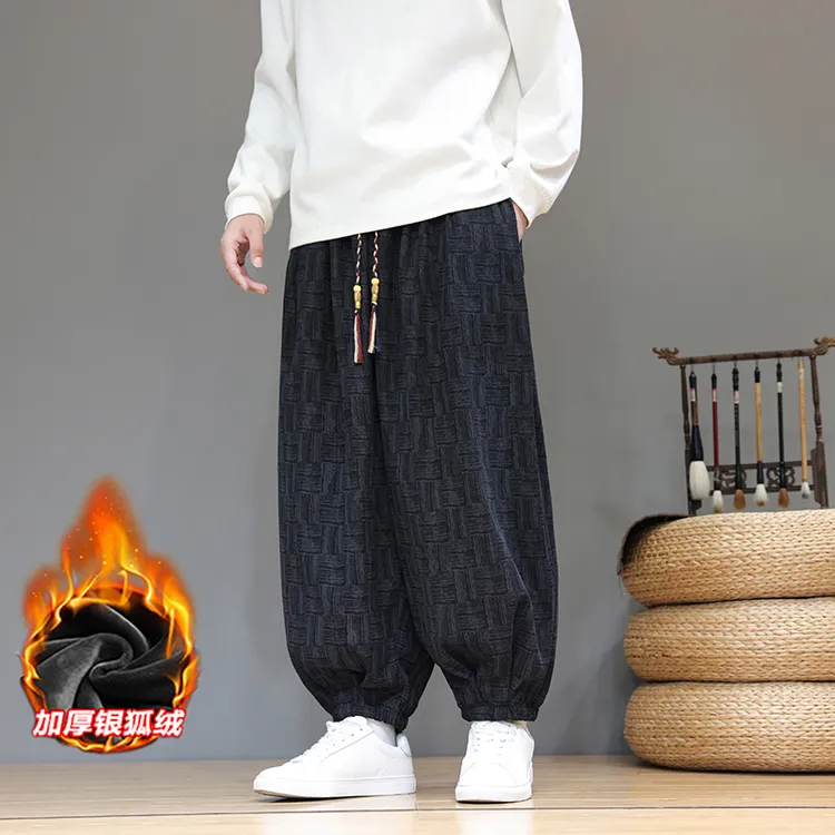 新中式阔腿裤男士冬季新款休闲宽松大码胖子中国风灯芯绒哈伦裤潮