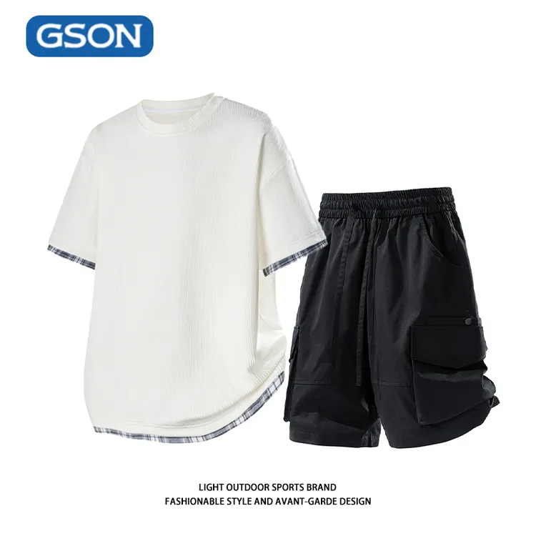 GSON夏季纯色格子假两件短袖短裤套装速干纯色简约工装短裤两件套