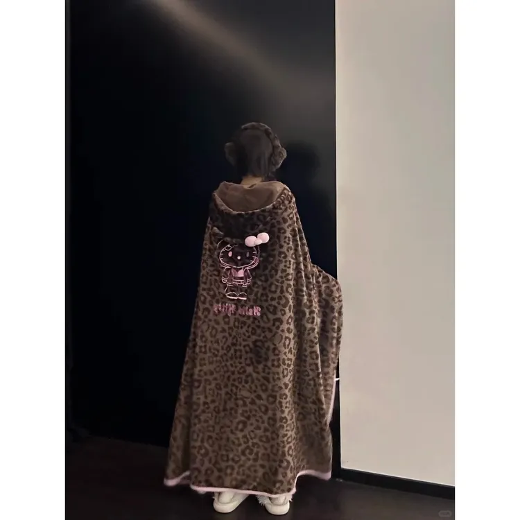 韩版甜美软萌系豹纹猫睡衣女秋季保暖舒适宽松拼接长袖蝴蝶结睡袍