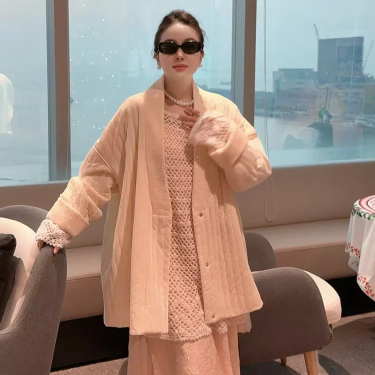 高级感珩缝落肩ins棉服外套新中式系带V领宽松纯色上衣女秋冬服装