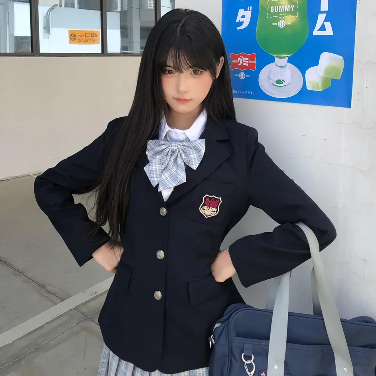 秋柚语原创西服学院风印花女纯色V领单排扣西装上衣显瘦修身JK服