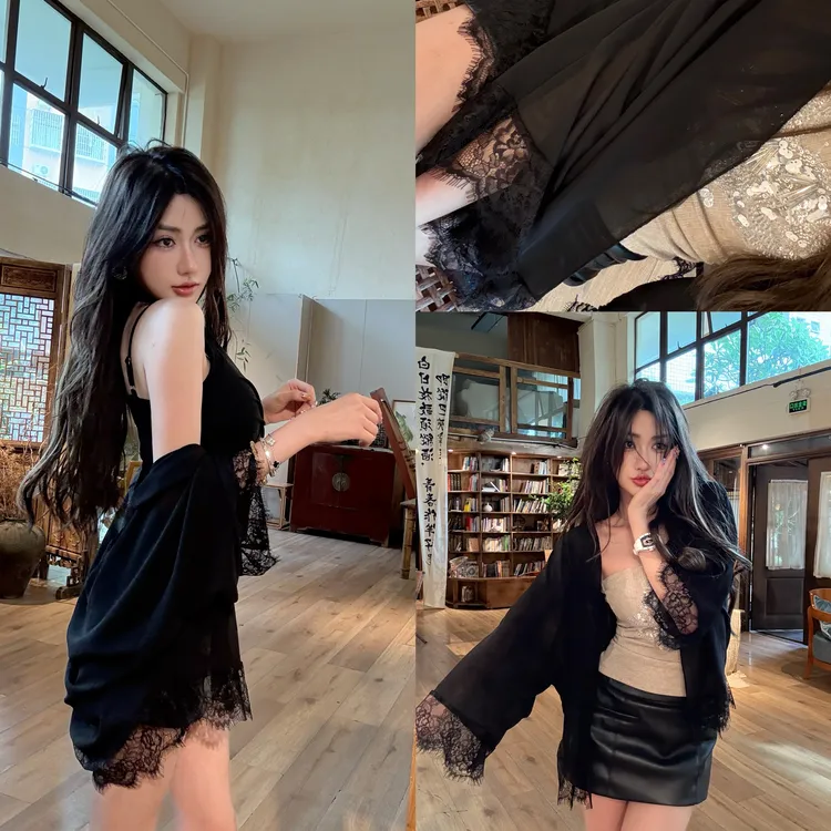 雪纺蕾丝拼接防晒披肩上衣