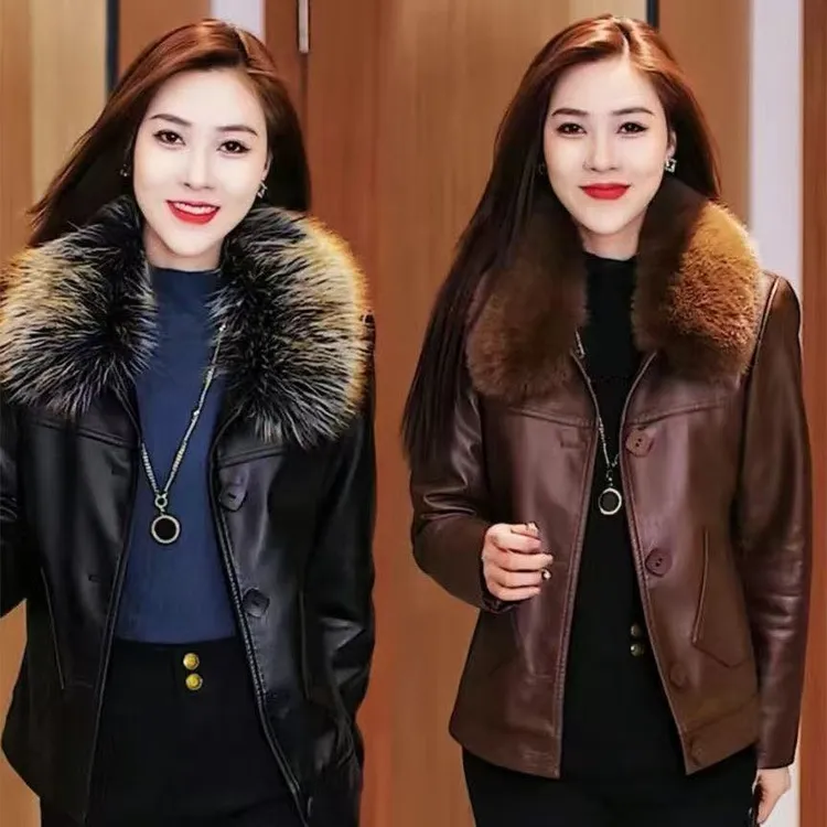 海宁秋冬韩版加绒八排扣保暖翻领女士外套皮衣