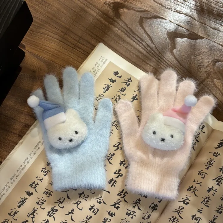 可爱米菲兔手套 秋冬ins风学生骑行写字保暖防寒防风毛绒针织分指