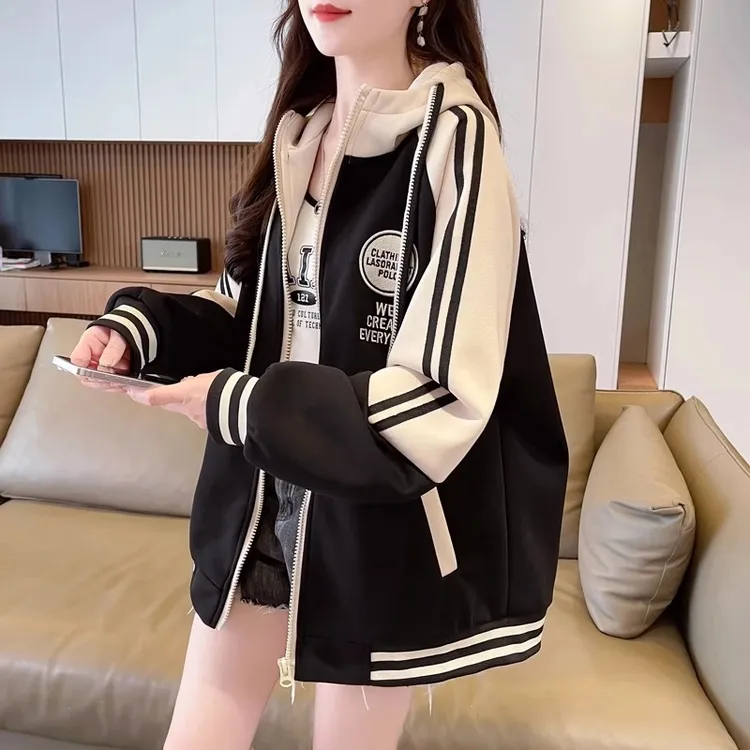 美式复古棒球服开衫女春季初高中学生宽松休闲大码连帽卫衣外套女