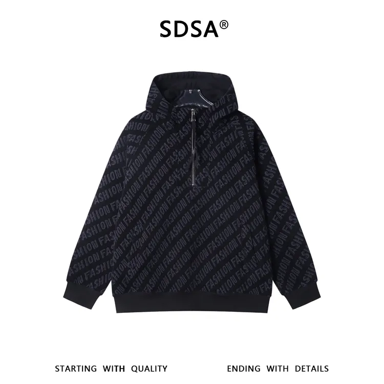 SDSA秋冬新款痞帅男装美式高街满印字母绒毛半拉链立领连帽卫衣潮