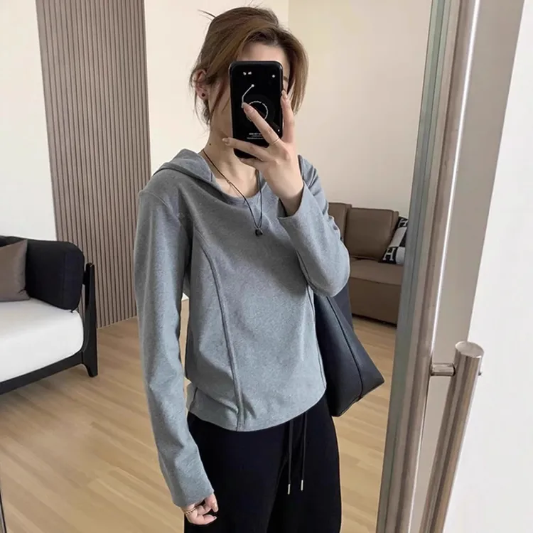 慵懒风女连帽修身收腰内搭爆款鱼骨宽松打底衫秋季女装长袖上衣女
