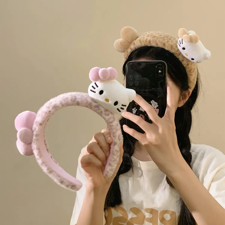 粉色豹纹Kitty蝴蝶结毛绒发箍女可爱百搭头箍洗脸搞怪高颅顶发箍