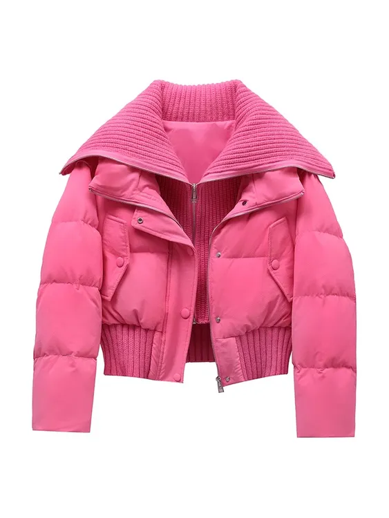 欧洲站2024冬季新款高级感针织拼接大翻领棉服女短款加厚保暖外套