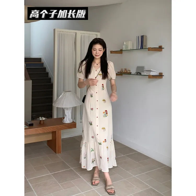 48H【秘密花园】加长夏季100棉刺绣收腰显瘦气质连衣裙26310