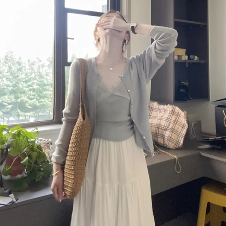 【现货+运补】早秋韩系穿搭灰色针织吊带上衣套装入秋穿搭清仓6235