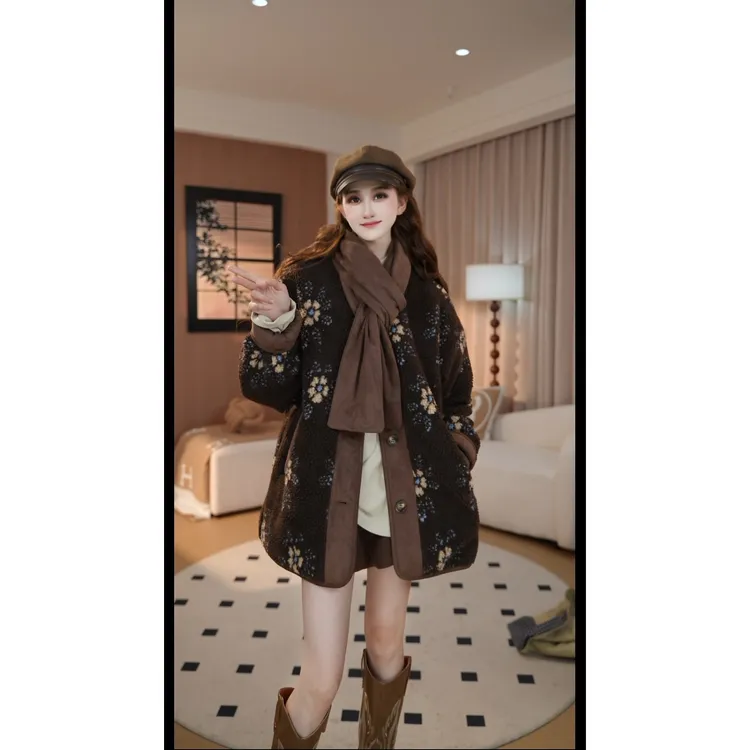 YAYA/鸭鸭加绒加厚款提花设计师长袖短外套女黑色重工薄款
