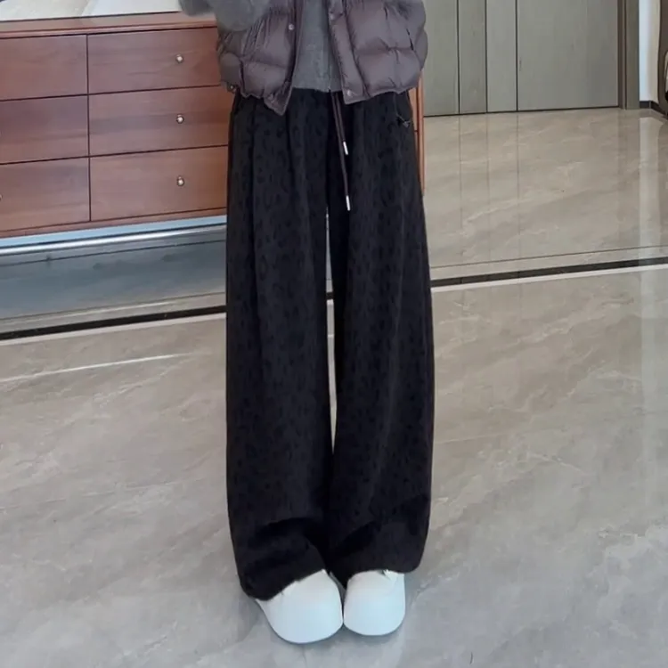 法式复古豹纹休闲阔脚裤2025秋冬新款高级感简约通勤收腰显瘦裤子