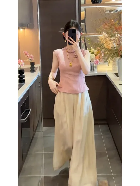 2025夏季新款国风新中式温婉气质粉色无袖衬衫杏色阔腿裤套装女潮