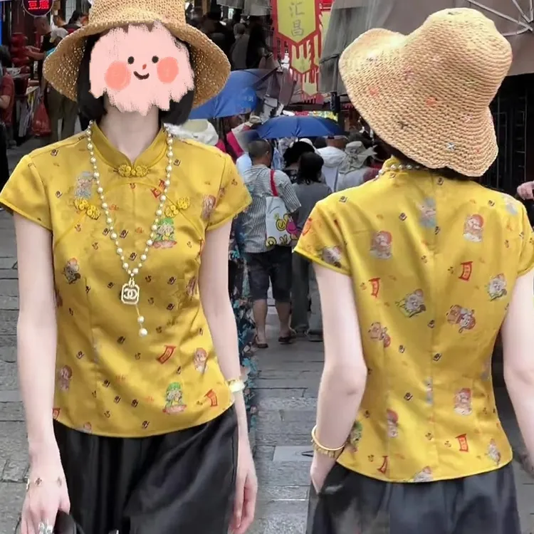新中式国风福禄寿卡通印花衬衫2025夏季新款网红洋气炸街女装上衣