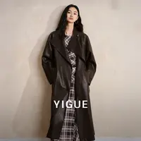 【亦谷】立领袖口撞色皮质长风衣女2025秋季新款复古外套G5AAD078-1