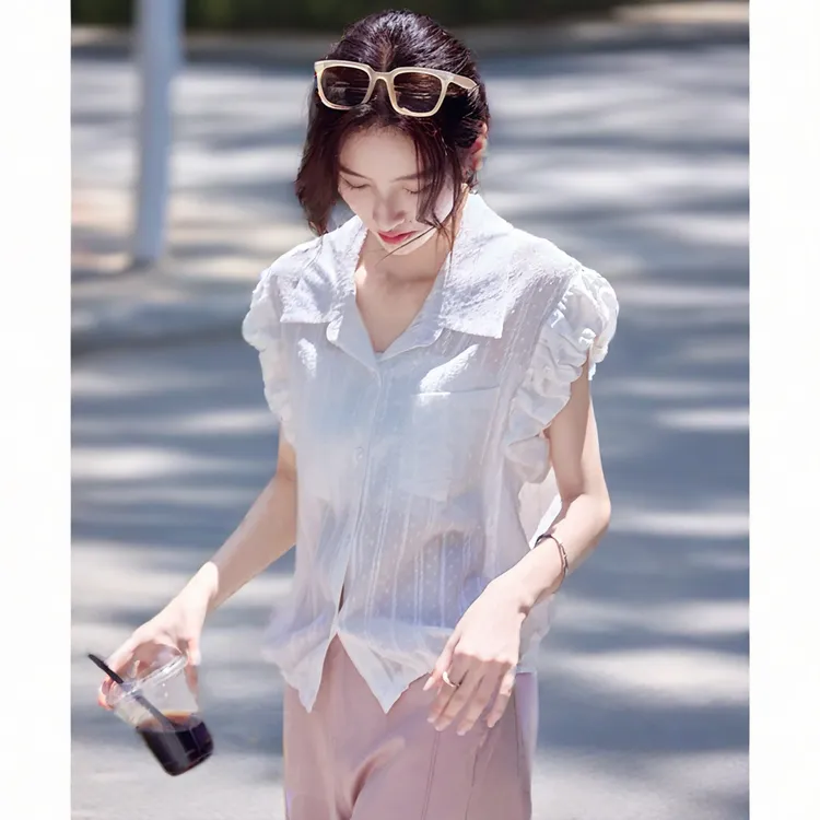 尚静极简风翻领花边袖条纹衬衫2025夏季新款时尚休闲百搭轻薄微透