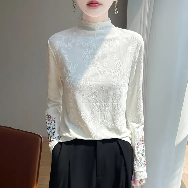 品牌时尚女装秋冬新款国风刺绣针织衫上衣提花半高领内搭打底衫女