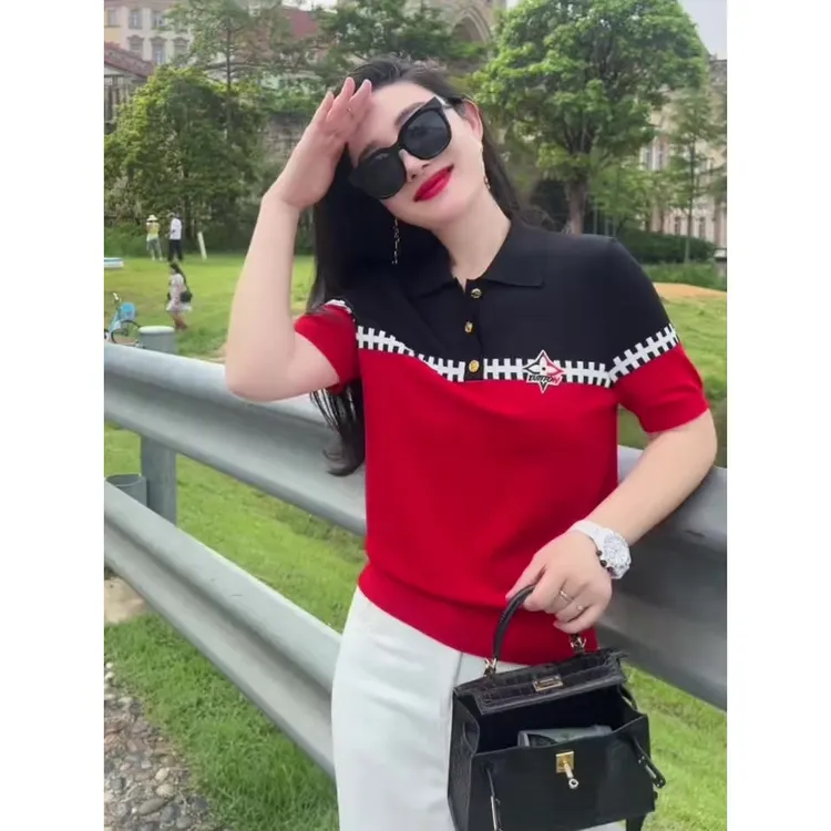 2025夏季新款撞色拼接针织衫女时尚休闲百搭洋气别致减龄短袖上衣