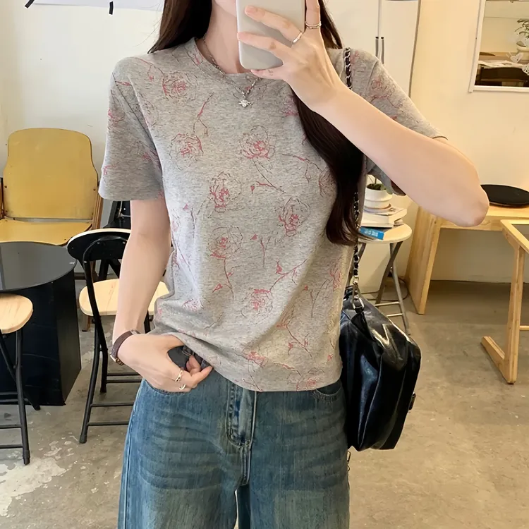 短袖T恤女2025夏季时尚休闲修身新款重工玫瑰烧花设计感显瘦上衣