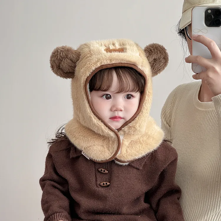 宝宝帽子冬天围脖一体帽毛绒帽防风护耳帽婴幼儿加厚加绒保暖帽韩