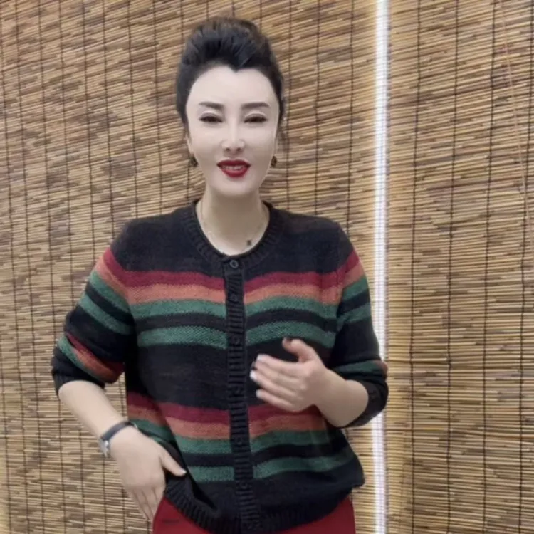 条纹毛针织衫色宽松显瘦时尚长袖网红洋气圆领