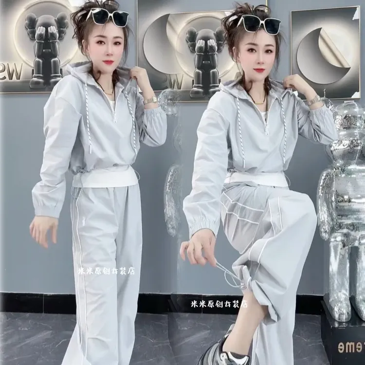 2025夏轻薄防晒半拉链带帽上衣+背心+阔腿裤三件套女休闲宽松简约