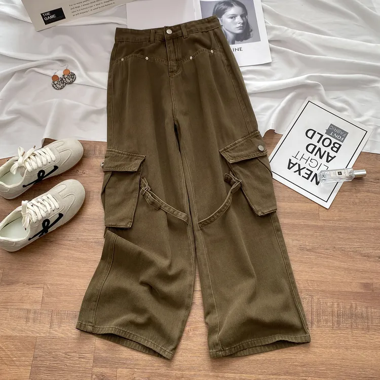 卡其色工装阔腿牛仔裤女秋季2025年新款高腰显瘦宽松直筒拖地裤子