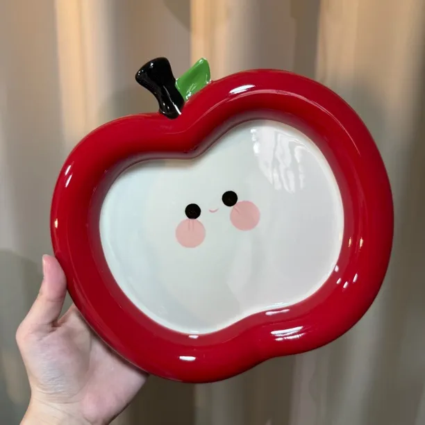 微微瑕陶瓷苹果盘深碗米饭碗家用餐具可爱家用创意手绘简约少女心