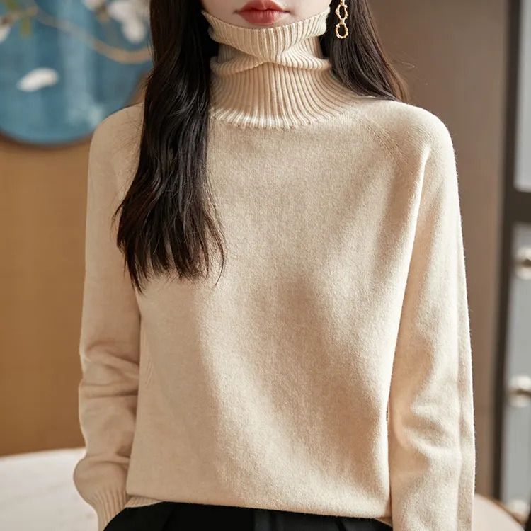秋冬休闲气质高领套头针织衫女宽松新品无缝一体加厚保暖打底毛衣