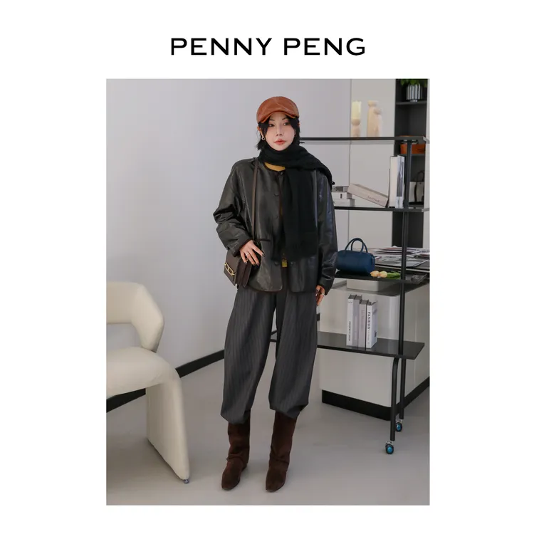 PENNYPENG 黑骑士 秋冬新款复古皮革拼接圆领宽松羊皮宽松外套