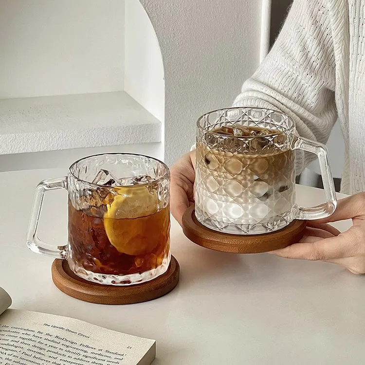 刻花带把玻璃杯家用创意高颜值女生透明喝水饮料冰咖啡杯马克杯子