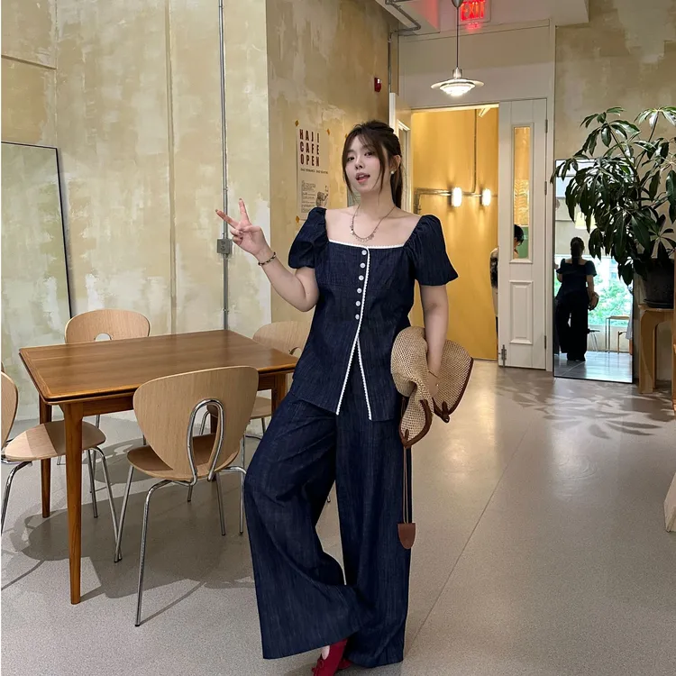 晶咕软软【首尔蓝调】复古方领泡泡袖牛仔短袖上衣+阔腿牛仔