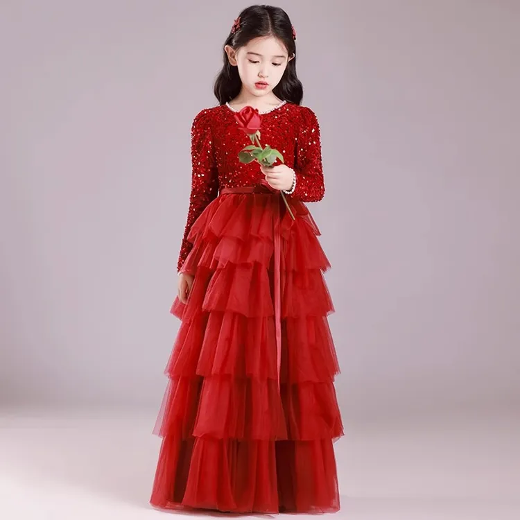 女童礼服公主裙高端轻奢钢琴演出服儿童主持人红色长袖春款礼服裙