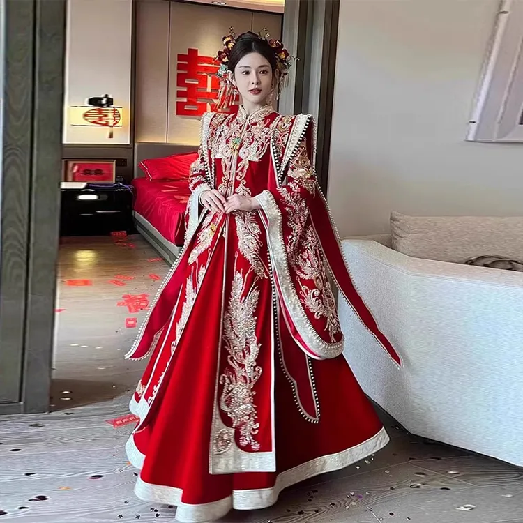 高级重工丝绒秀禾服2025新款大码新娘结婚新中式凤冠霞帔改良汉服