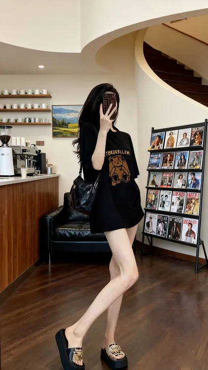 卡通小熊纯棉黑色短袖t恤女夏季宽松中长款遮屁股洋气上衣服女装