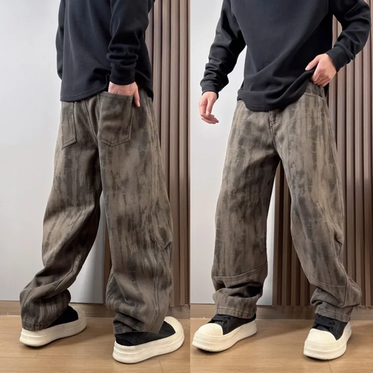 美式高街渐变扎染做旧拼接休闲加绒加厚水洗宽松直筒阔腿牛仔裤男