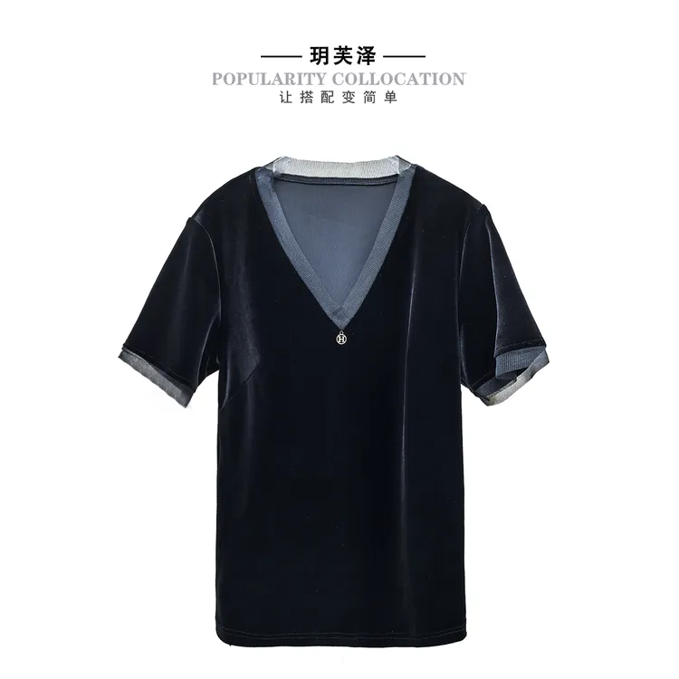 2025设计师款时尚减龄吊坠金丝绒短袖打底衫轻奢百搭气质YFZ88318