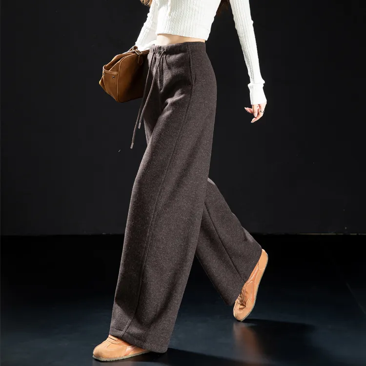 复古加绒毛呢裤弯刀裤女2025冬季新款潮牌女装慵懒风保暖阔腿裤子