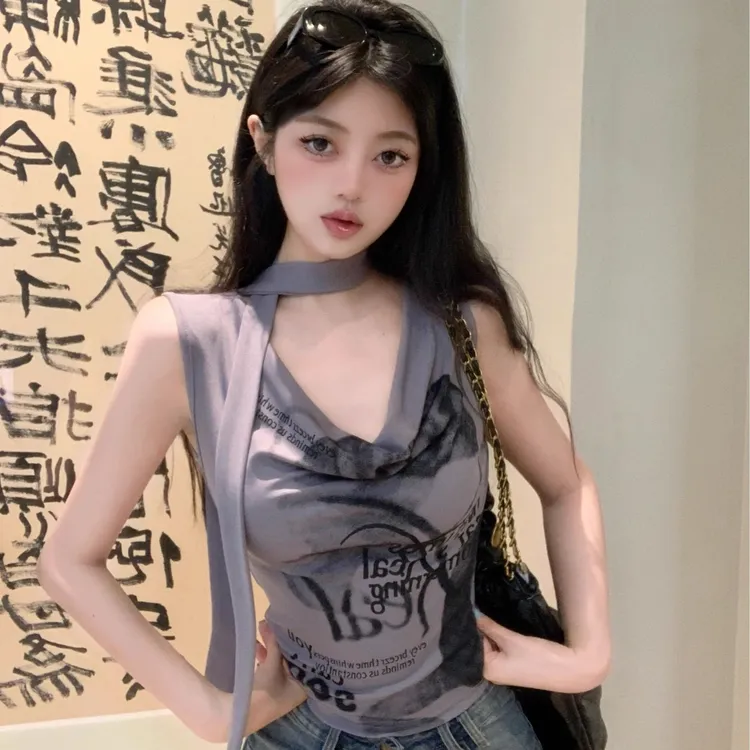 美式辣妹印花荡领无袖T恤女春季2025新款设计感褶皱修身短款上衣