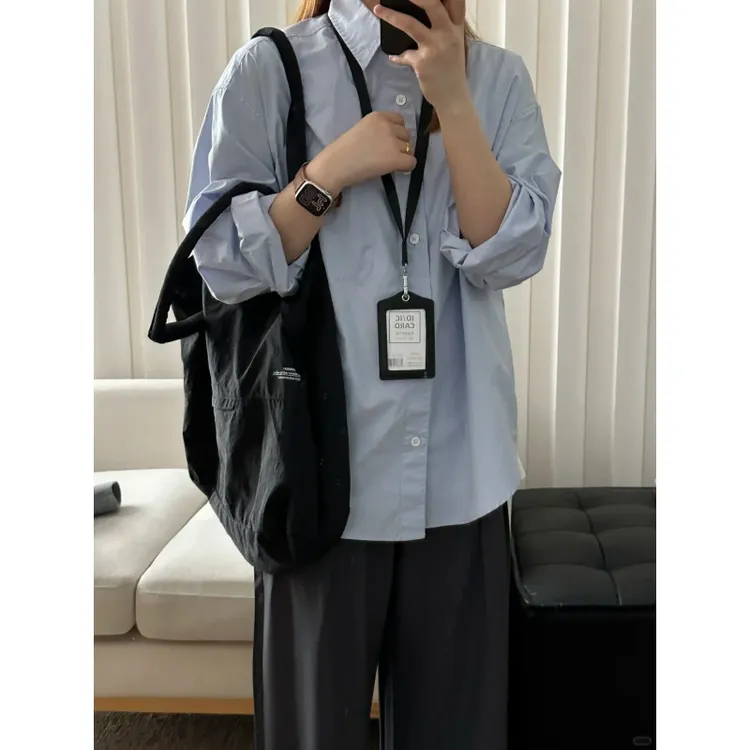 蓝色纯棉长袖衬衫男秋季高级感cleanfit衬衣户外防晒情侣叠穿外套